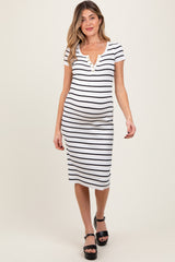 White Striped Ribbed Henley Fitted Maternity Midi Dress
