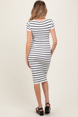 White Striped Ribbed Henley Fitted Maternity Midi Dress