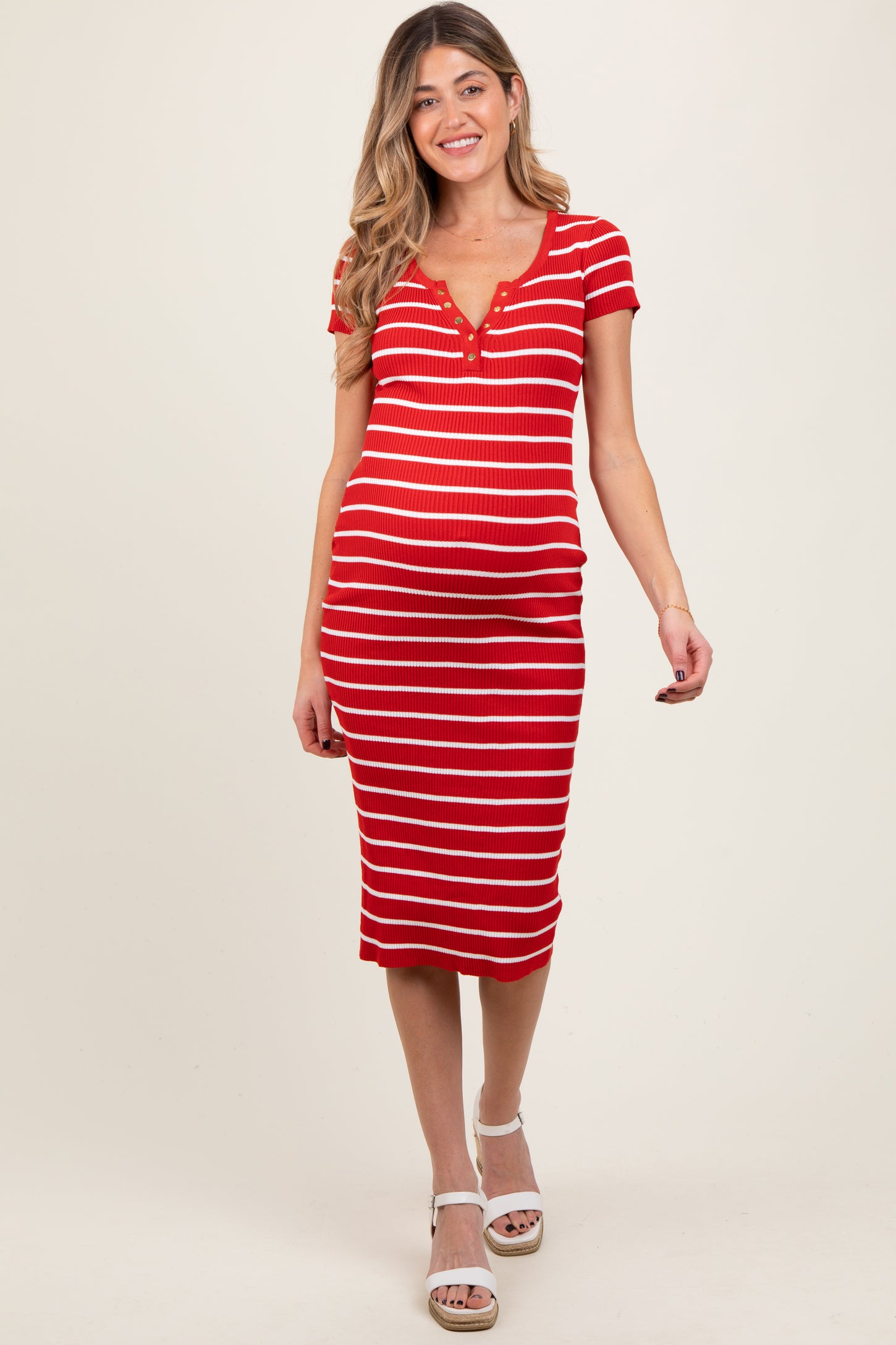 Red Striped Ribbed Henley Fitted Maternity Midi Dress