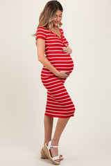 Red Striped Ribbed Henley Fitted Maternity Midi Dress