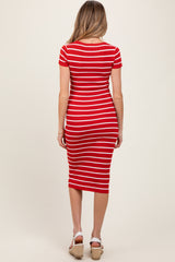 Red Striped Ribbed Henley Fitted Maternity Midi Dress
