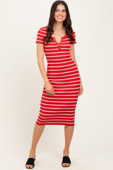 Red Striped Ribbed Henley Fitted Maternity Midi Dress
