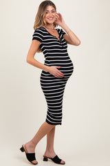 Black Striped Ribbed Henley Fitted Maternity Midi Dress