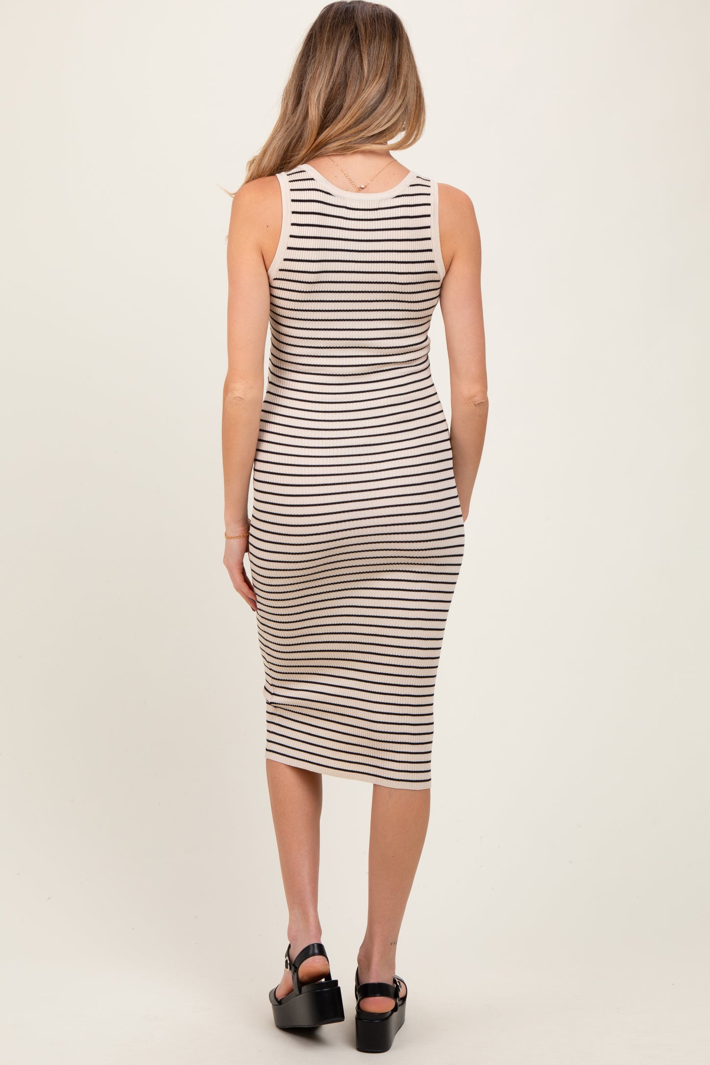 Cream Striped Sleeveless Fitted Maternity Midi Dress