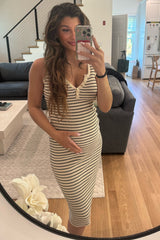 Cream Striped Sleeveless Fitted Maternity Midi Dress