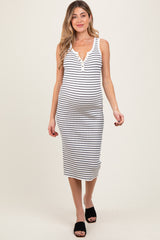 White Striped Sleeveless Fitted Maternity Midi Dress