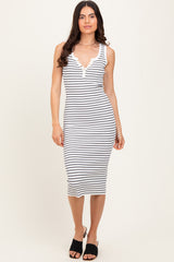 White Striped Sleeveless Fitted Midi Dress