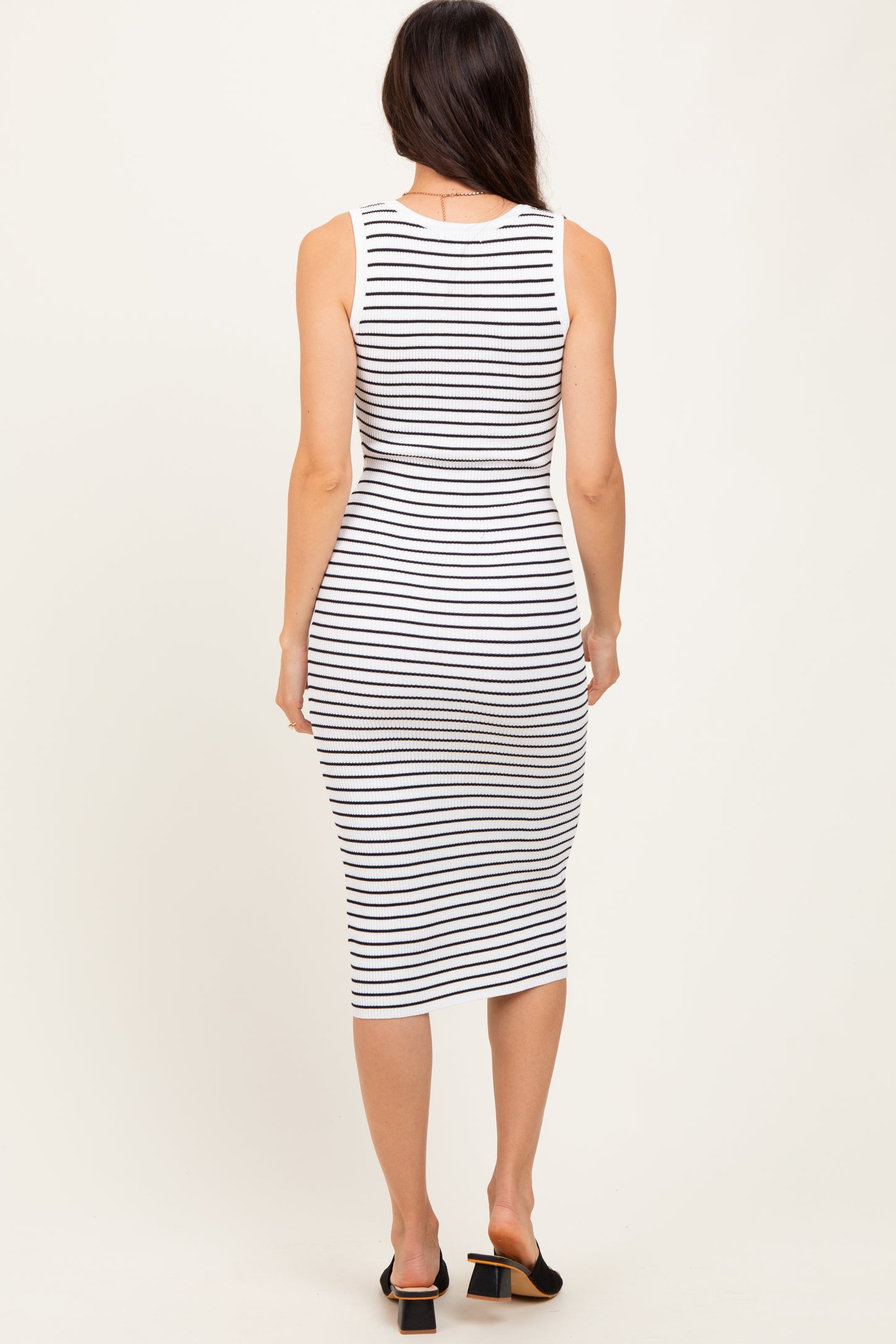 White Striped Sleeveless Fitted Midi Dress