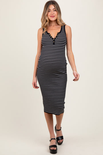 Black Striped Sleeveless Fitted Maternity Midi Dress