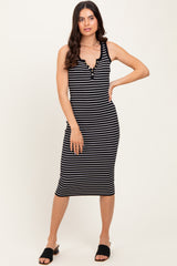 Black Striped Sleeveless Fitted Midi Dress