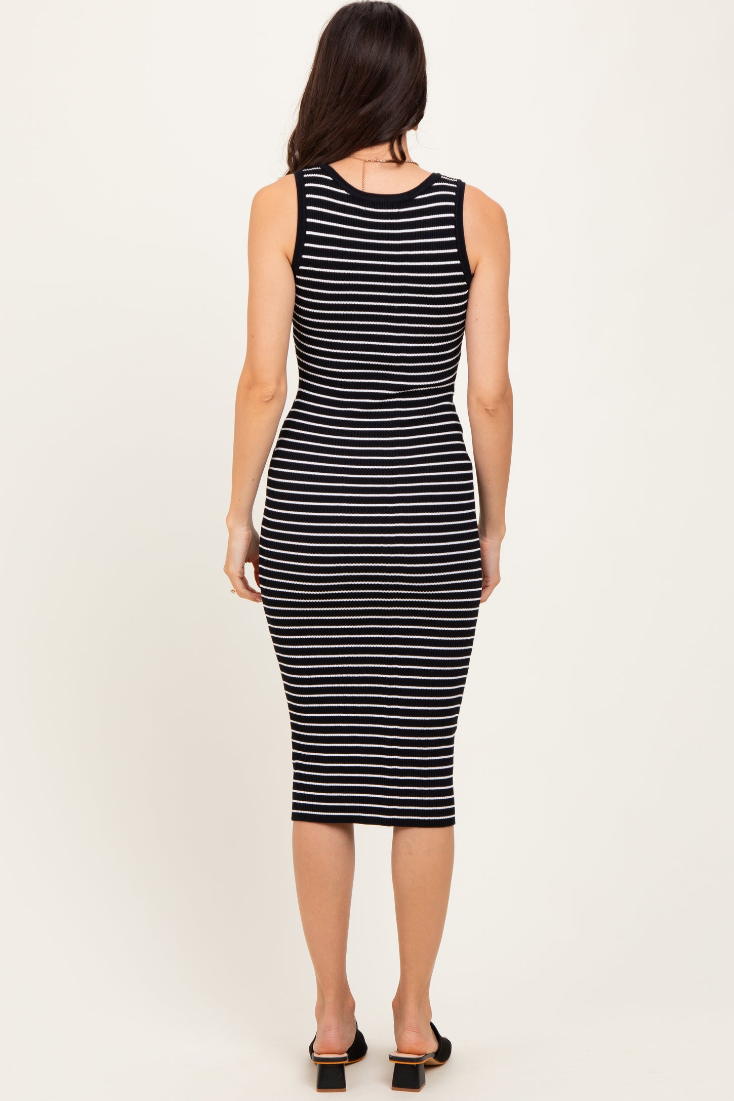 Black Striped Sleeveless Fitted Midi Dress
