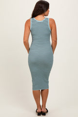 Mint Striped Sleeveless Fitted Maternity Midi Dress