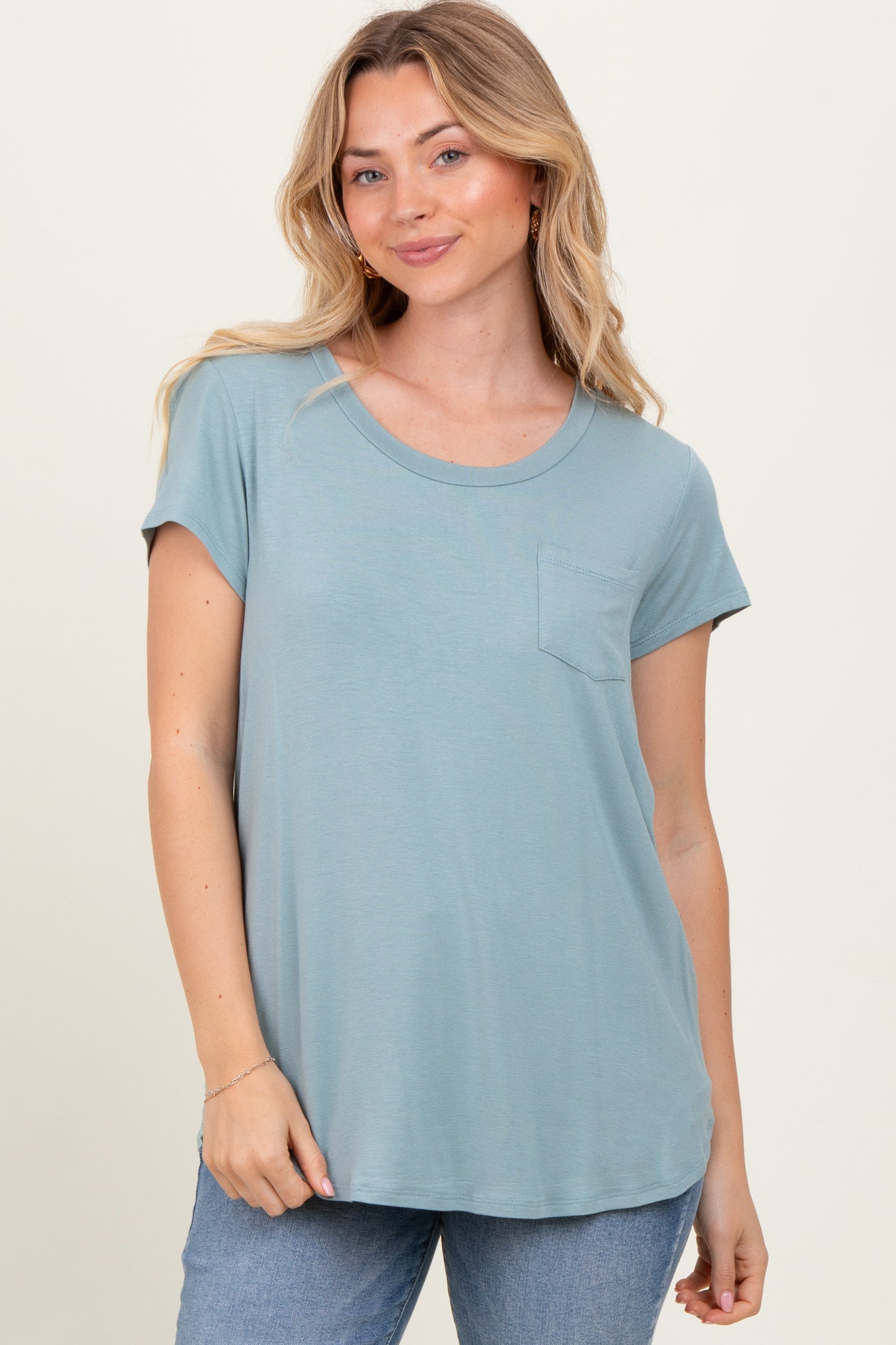 Sage Round Neck Maternity Nursing Pocket T-Shirt