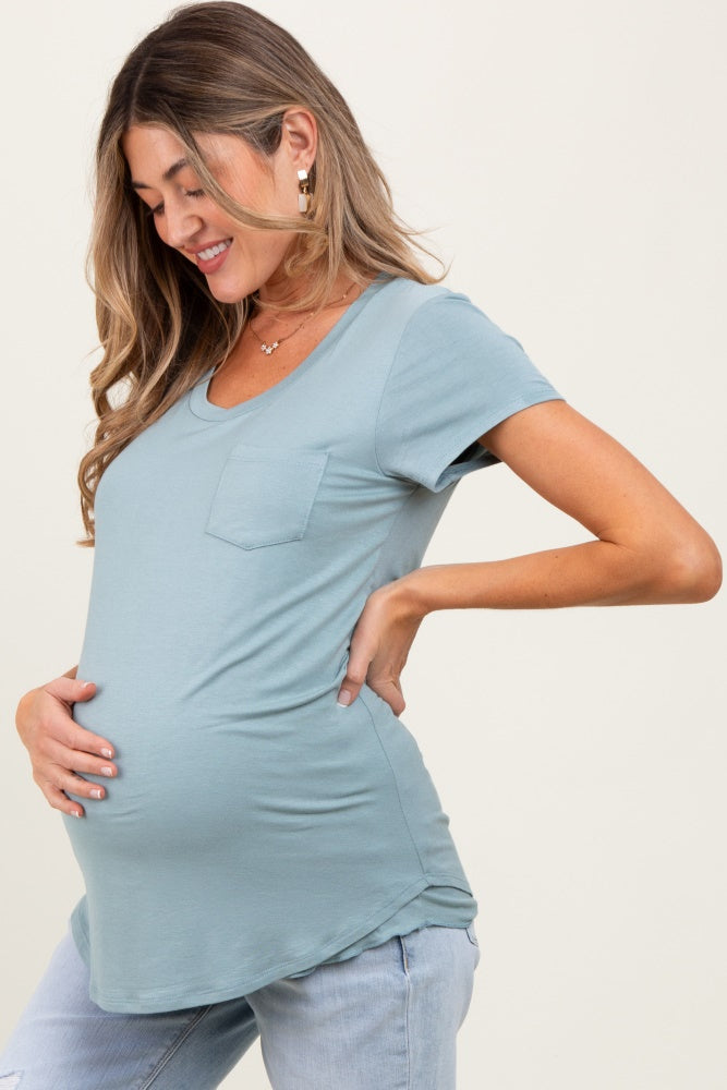 Sage Round Neck Maternity Nursing Pocket T-Shirt