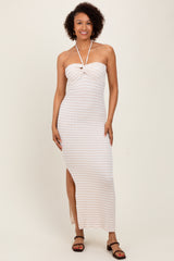 Beige Striped Halter Neck Fitted Maternity Maxi Dress