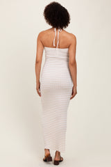 Beige Striped Halter Neck Fitted Maternity Maxi Dress