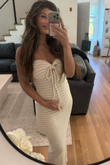 Beige Striped Halter Neck Fitted Maternity Maxi Dress