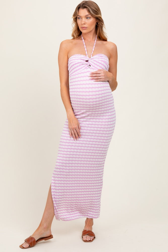 Lavender Striped Halter Neck Fitted Maternity Maxi Dress