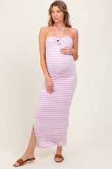 Lavender Striped Halter Neck Fitted Maternity Maxi Dress