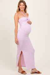Lavender Striped Halter Neck Fitted Maternity Maxi Dress