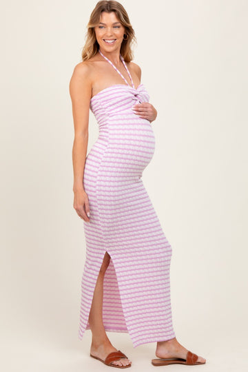 Lavender Striped Halter Neck Fitted Maternity Maxi Dress