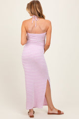 Lavender Striped Halter Neck Fitted Maternity Maxi Dress