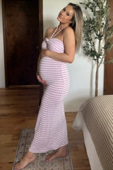 Lavender Striped Halter Neck Fitted Maternity Maxi Dress