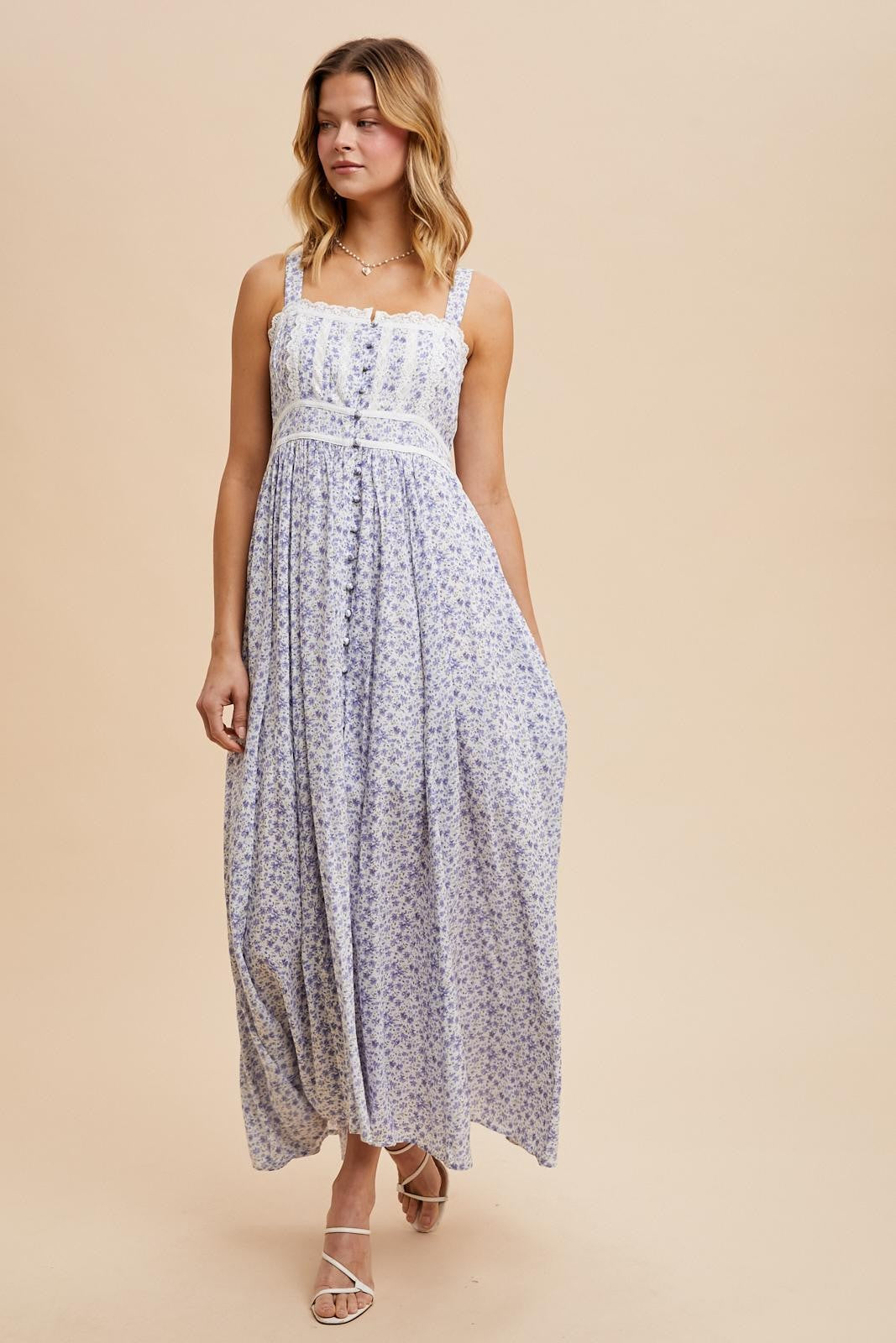 Light Blue Floral Button Down Sleeveless Maxi Dress
