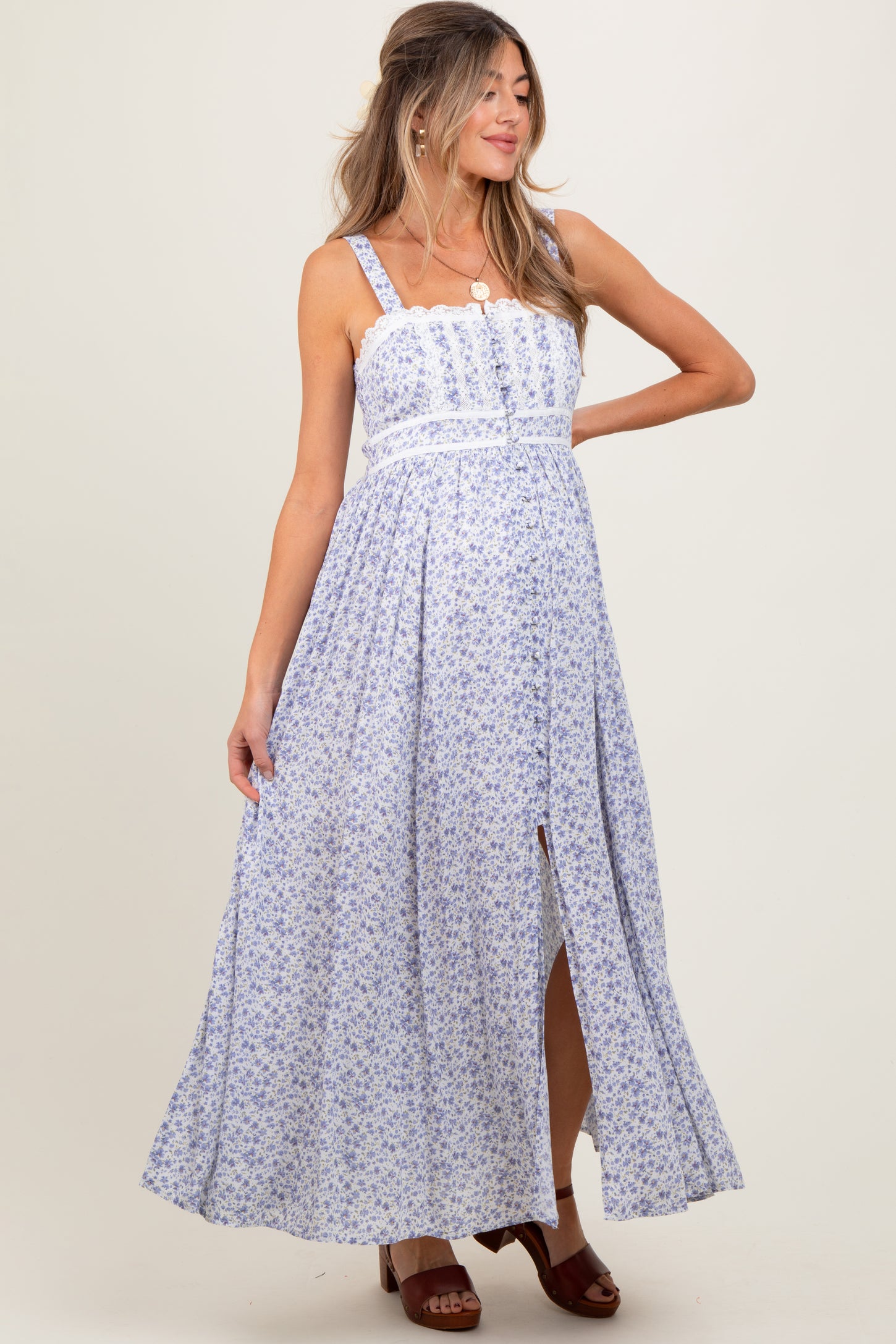 Light Blue Floral Button Down Sleeveless Maternity Maxi Dress Light Blue Floral Button Down Sleeveless Maternity Maxi Dress