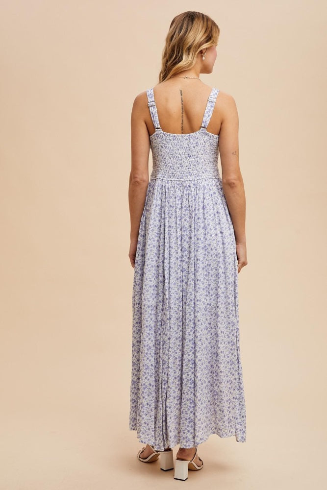 Light Blue Floral Button Down Sleeveless Maxi Dress