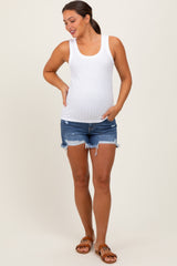 Navy Distressed Fringe Hem Maternity Denim Shorts