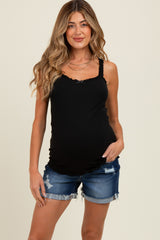 Navy Distressed Cuffed Raw Hem Maternity Denim Shorts