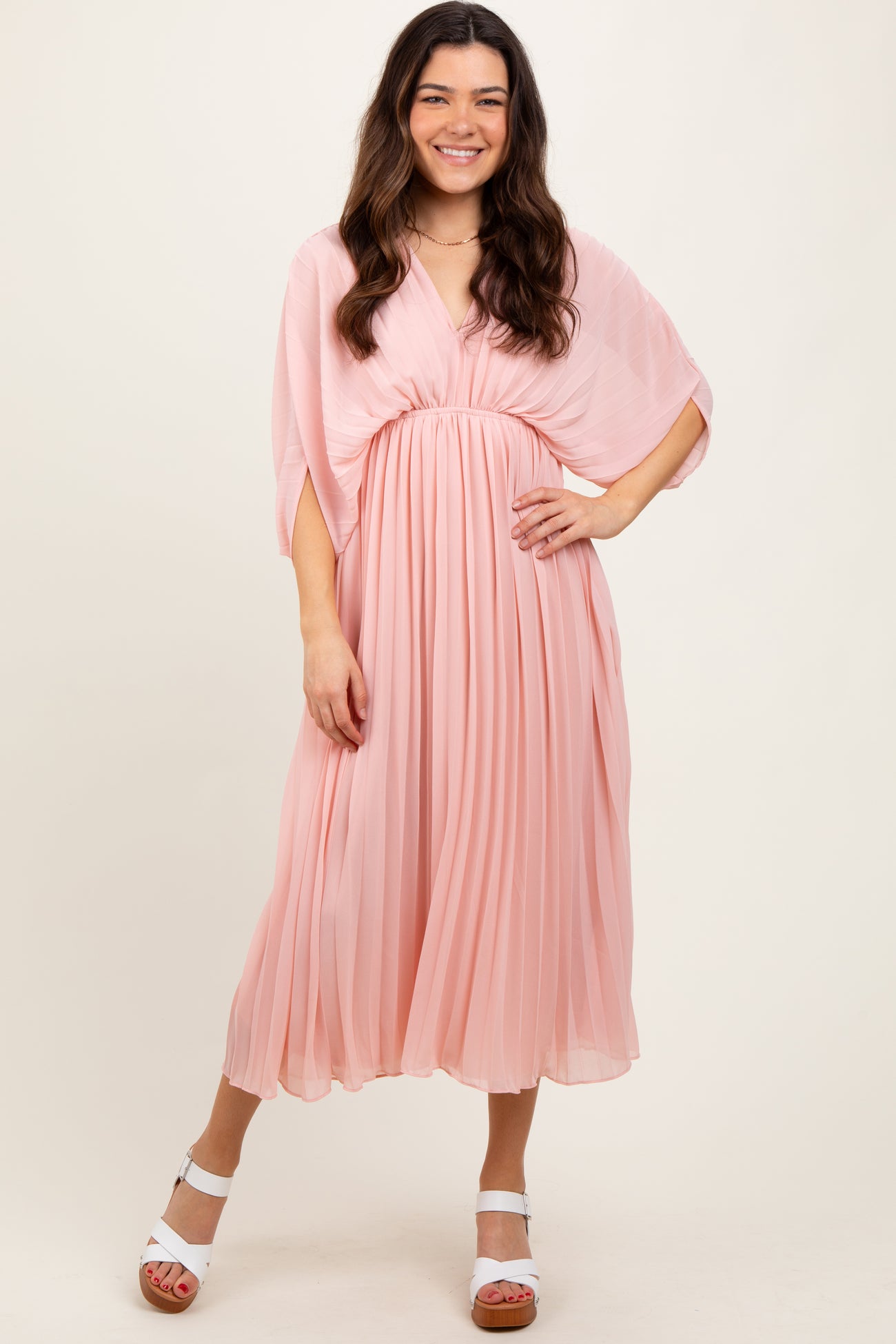 Light Pink Pleated V Neck Maternity Maxi Dress PinkBlush Light Pink Pleated V Neck Maternity Maxi Dress PinkBlush