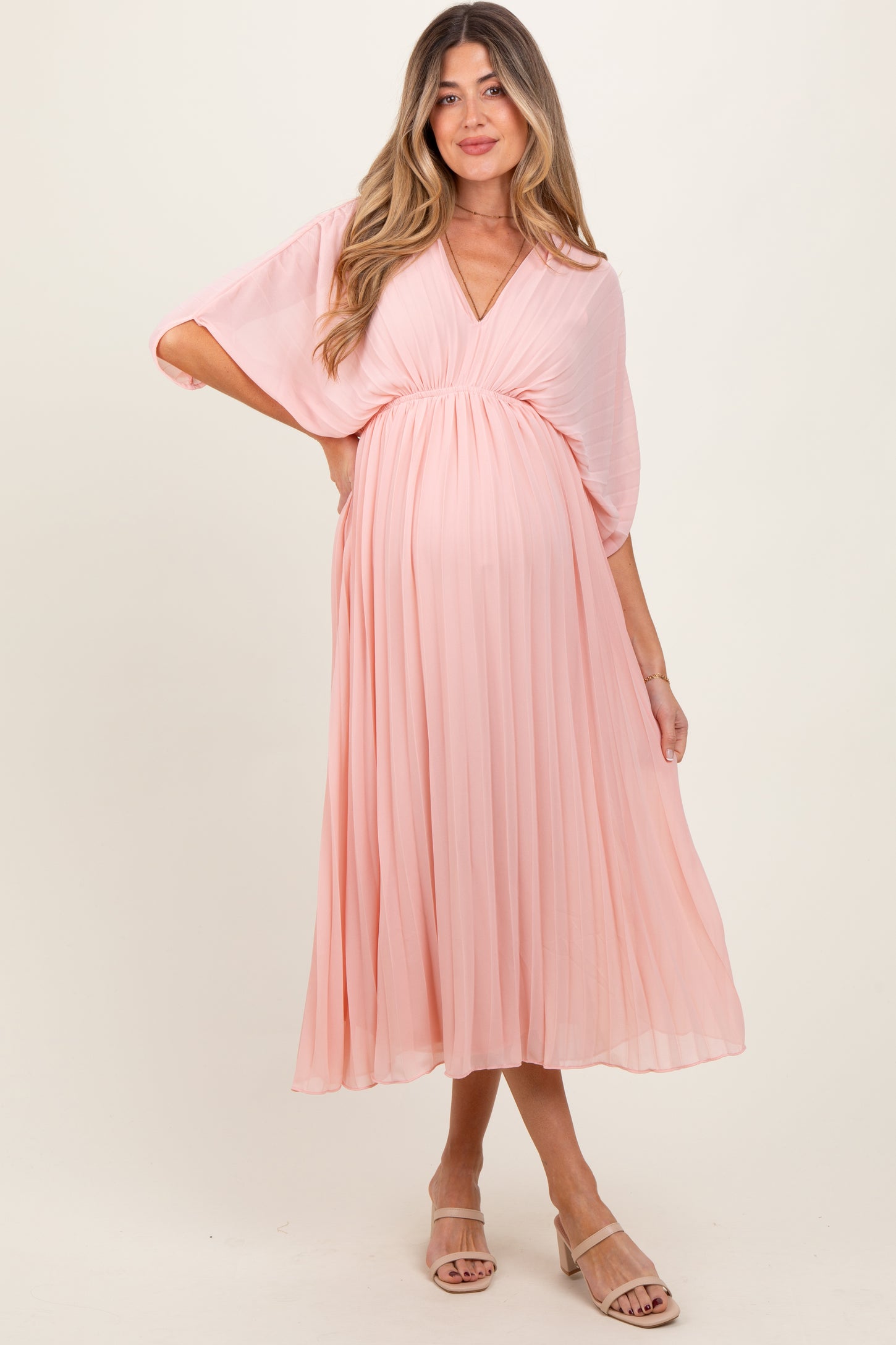 Light Pink Pleated V Neck Maternity Maxi Dress Light Pink Pleated V Neck Maternity Maxi Dress