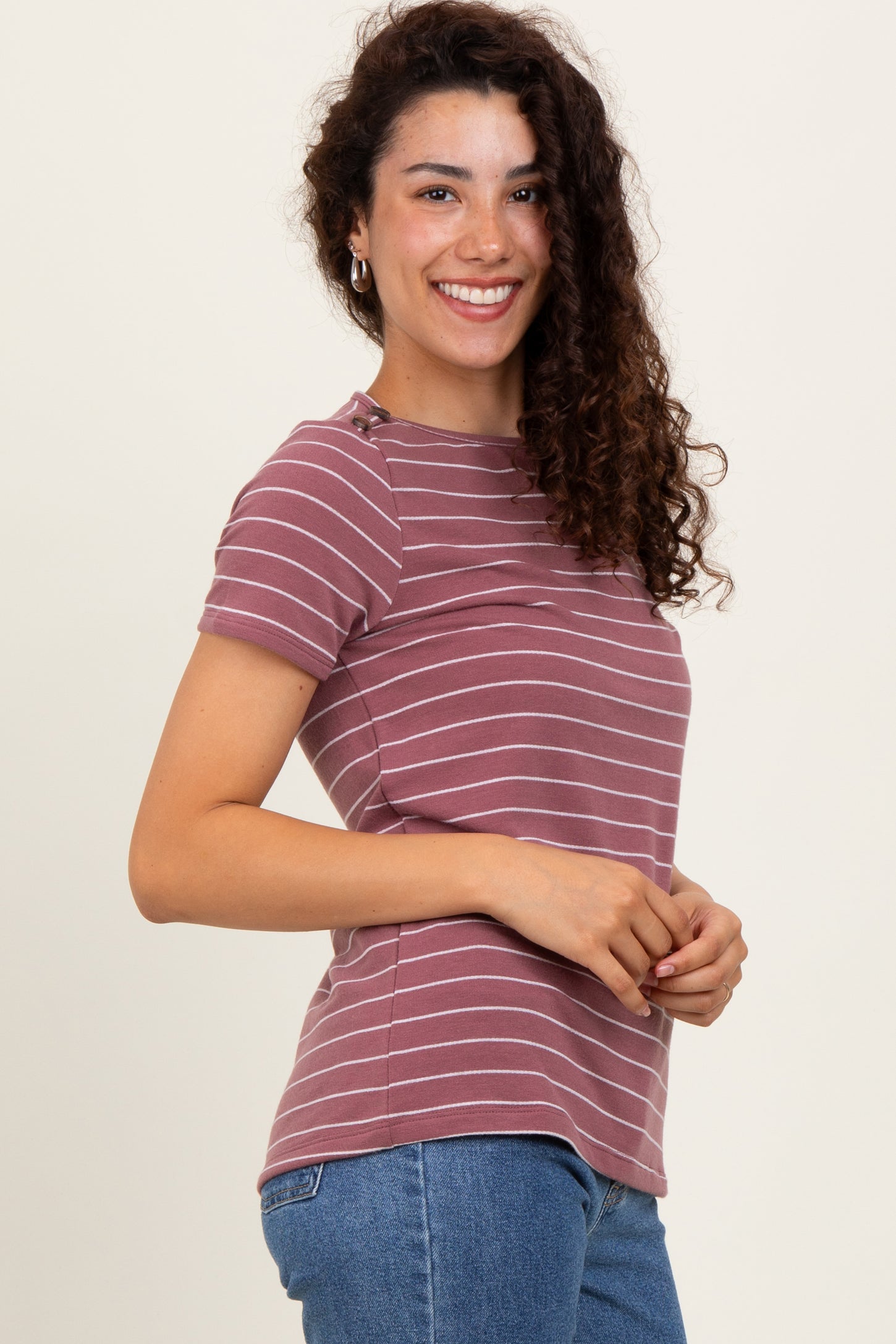Rust Striped Button Shoulder Detail Top
