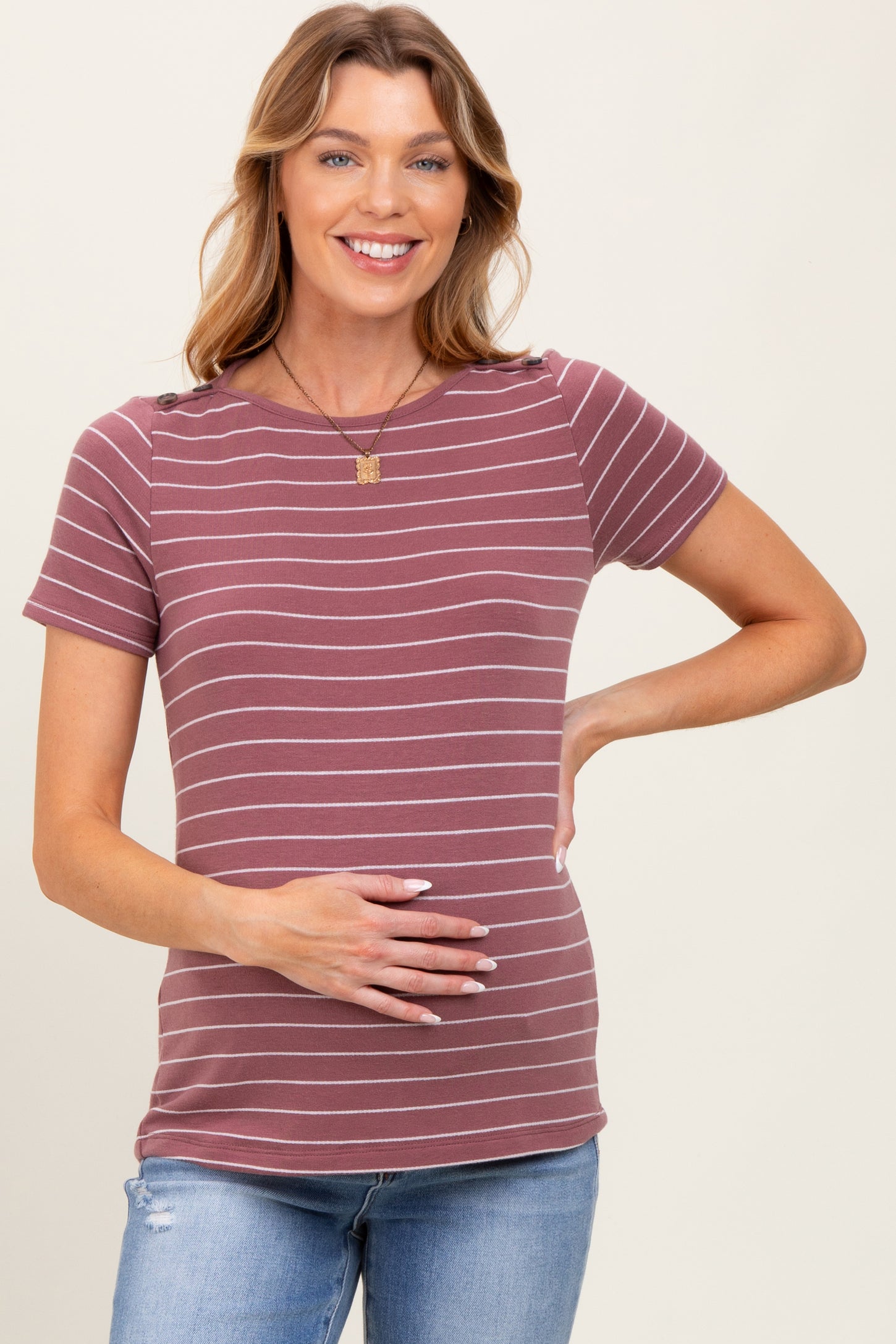 Rust Striped Button Shoulder Detail Maternity Top