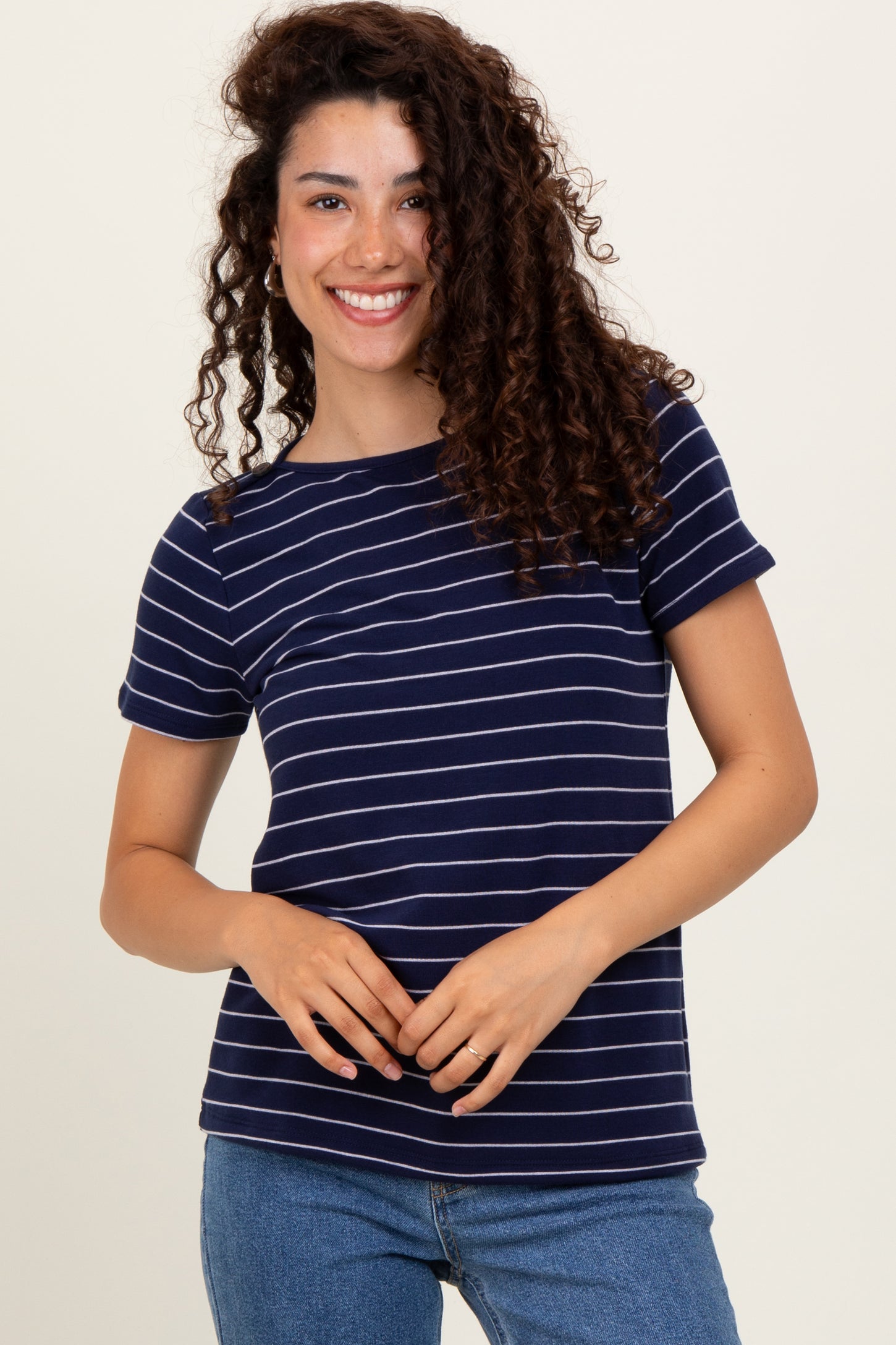 Navy Striped Button Shoulder Detail Maternity Top