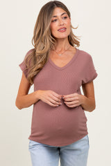 Mauve V-Neck Pointelle Knit Maternity Top