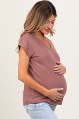 Mauve V-Neck Pointelle Knit Maternity Top