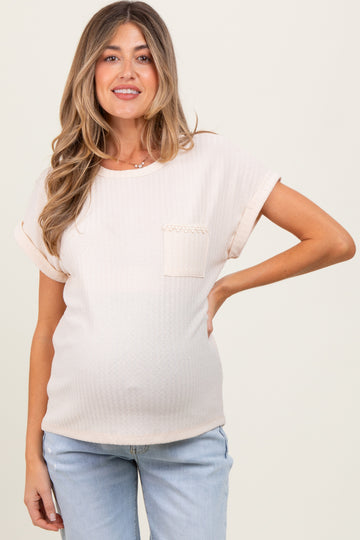 Ivory Pointelle Knit Front Pocket Maternity Top