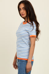 Blue Striped Knit Contrast Trim Top