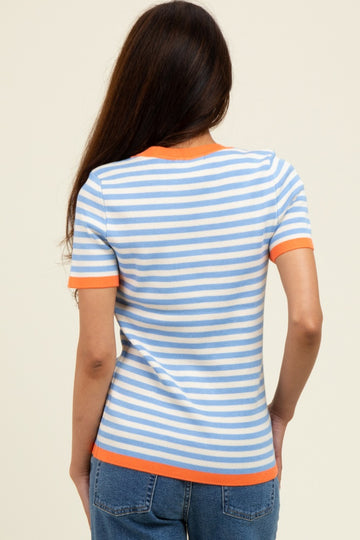 Blue Striped Knit Contrast Trim Top