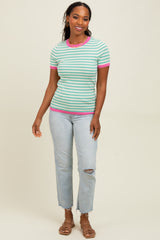 Mint Striped Knit Contrast Trim Top