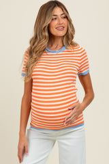 Orange Striped Knit Contrast Trim Maternity Top