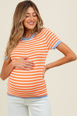 Orange Striped Knit Contrast Trim Maternity Top