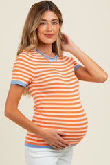 Orange Striped Knit Contrast Trim Maternity Top
