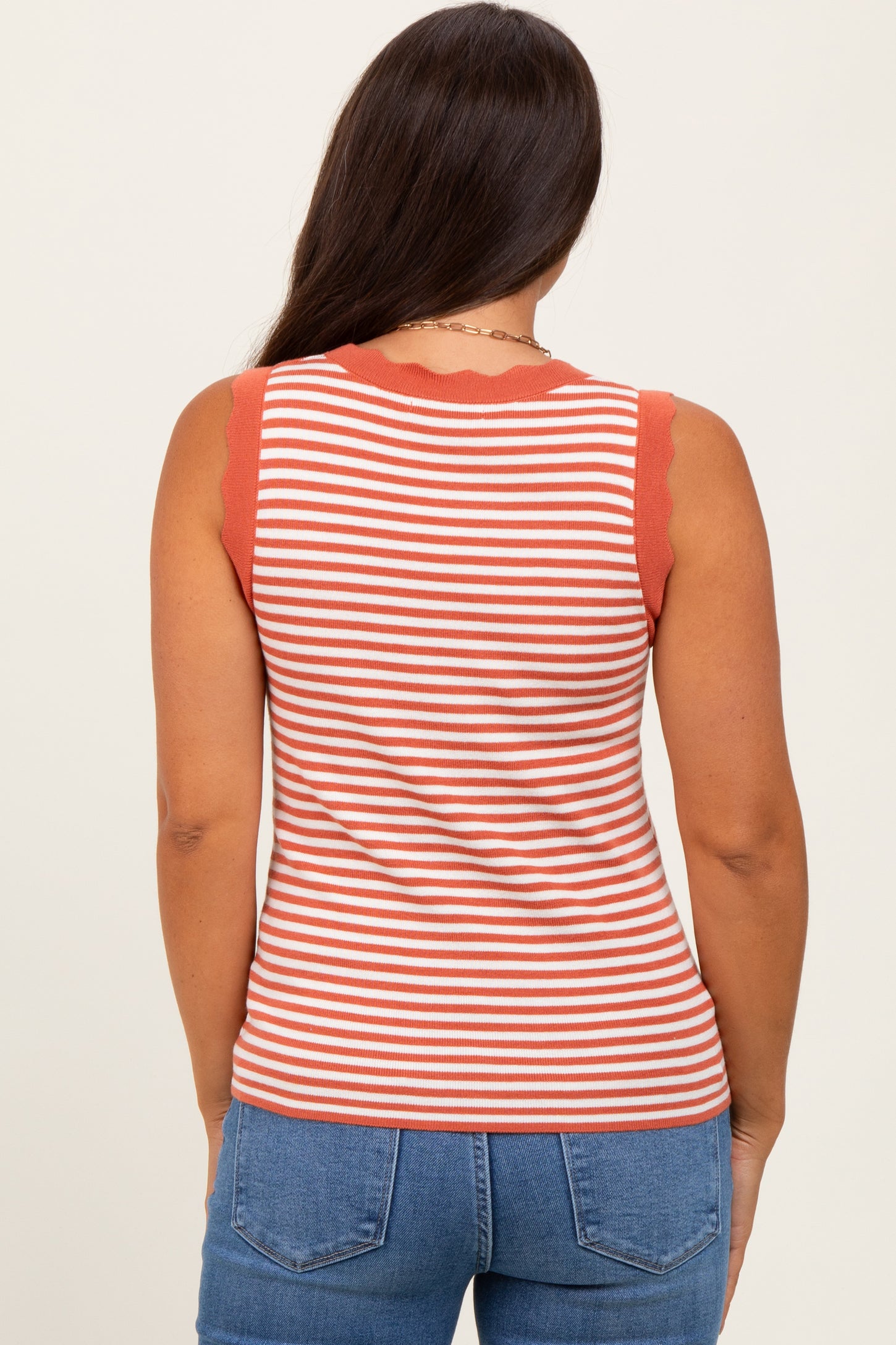 Rust Striped Knit Scallop Trim Sleeveless Maternity Top