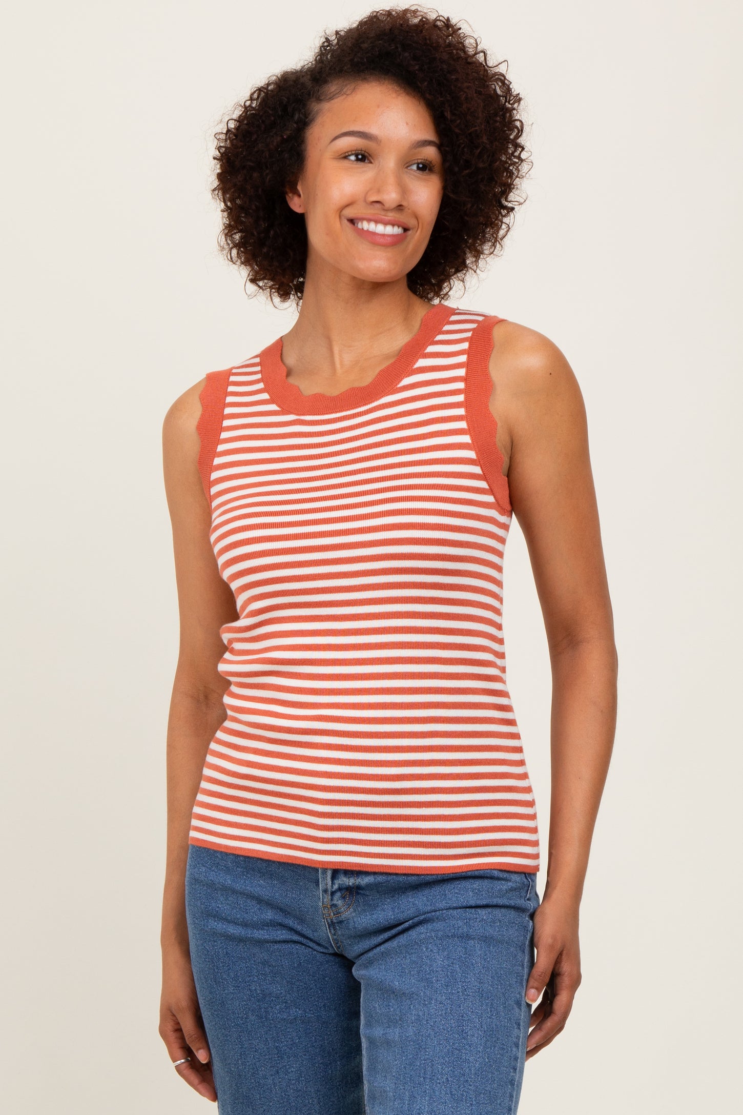 Rust Striped Knit Scallop Trim Sleeveless Maternity Top