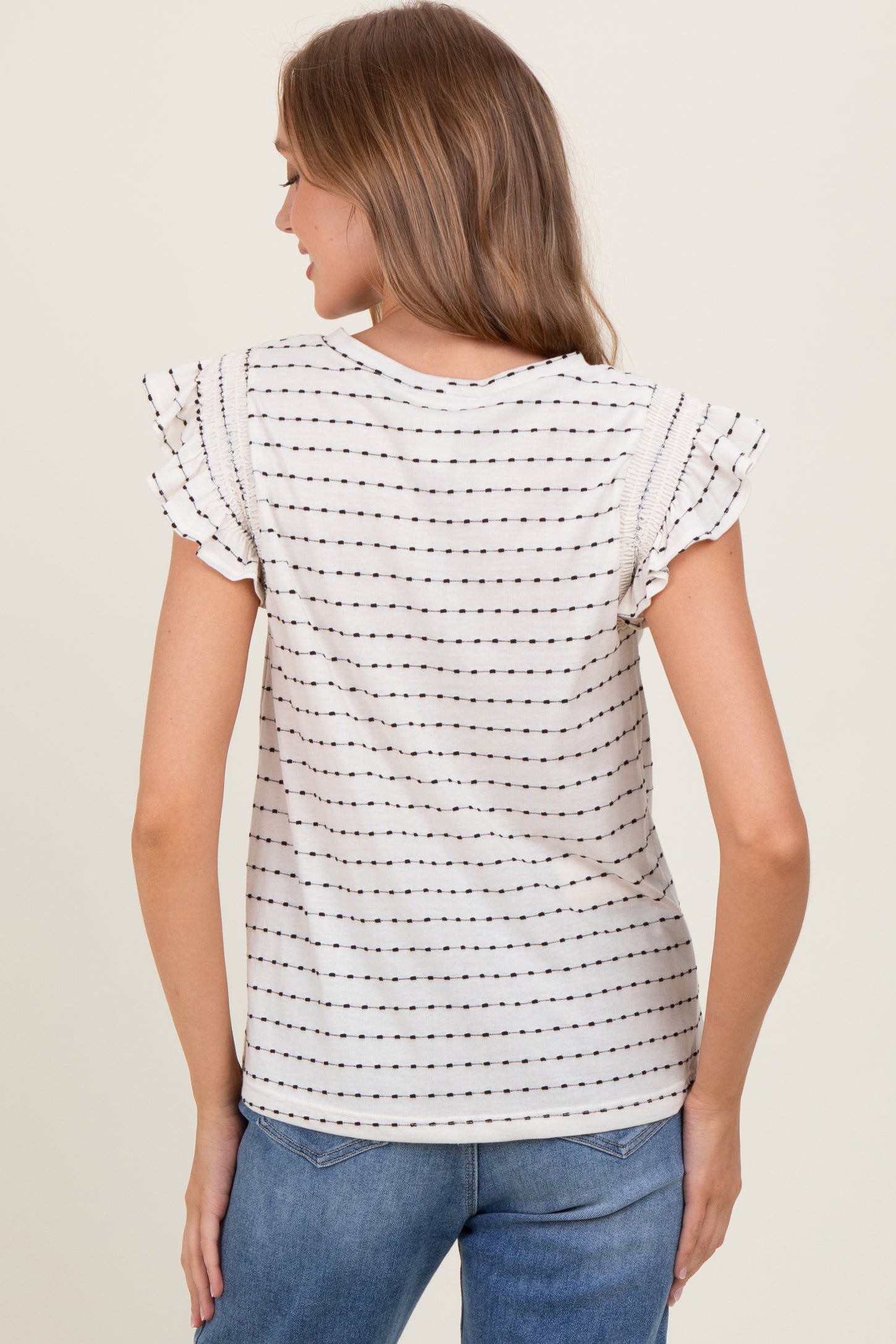 Black Dotted Stripe Ruffle Sleeve Top