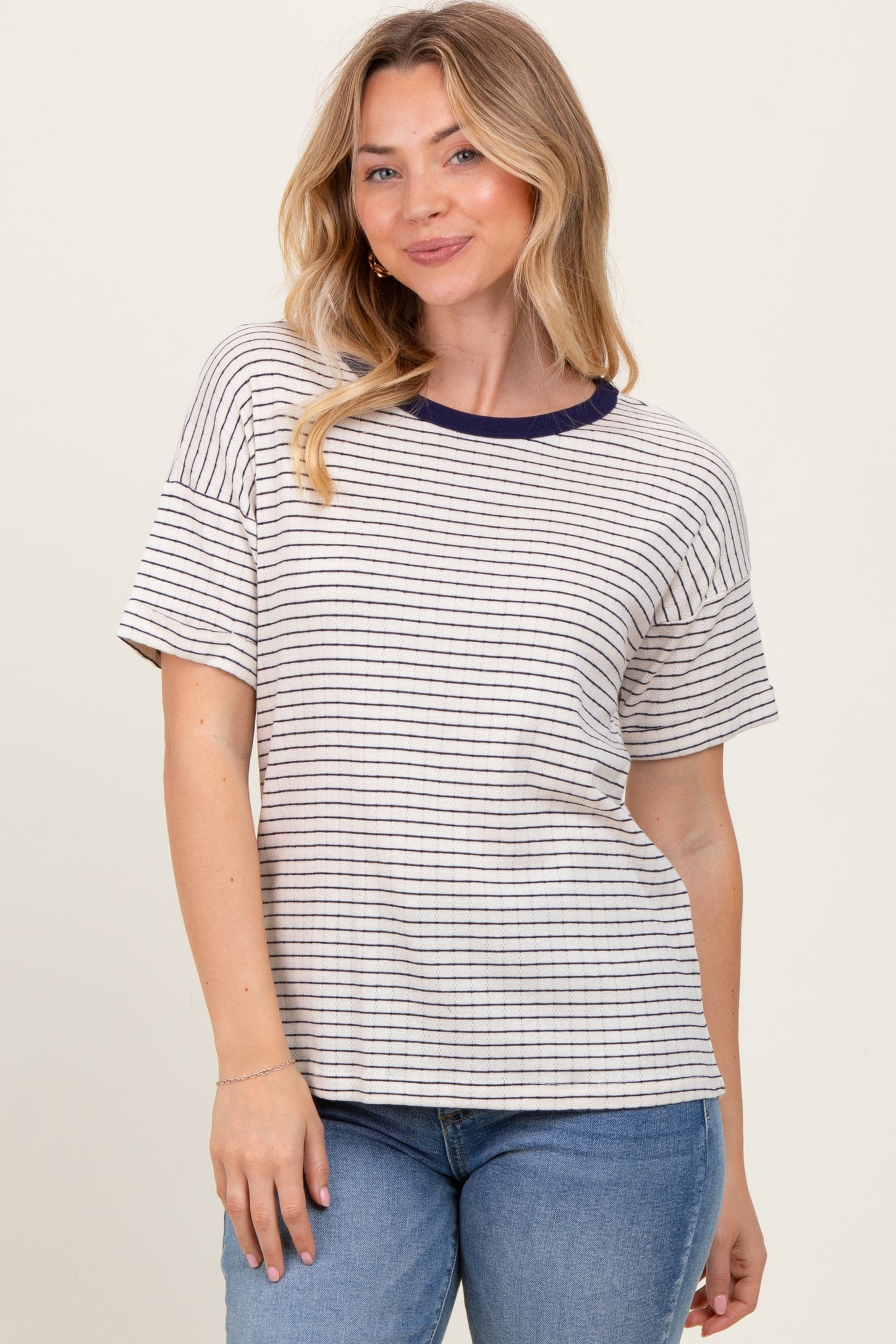 Navy Pointelle Knit Striped Top